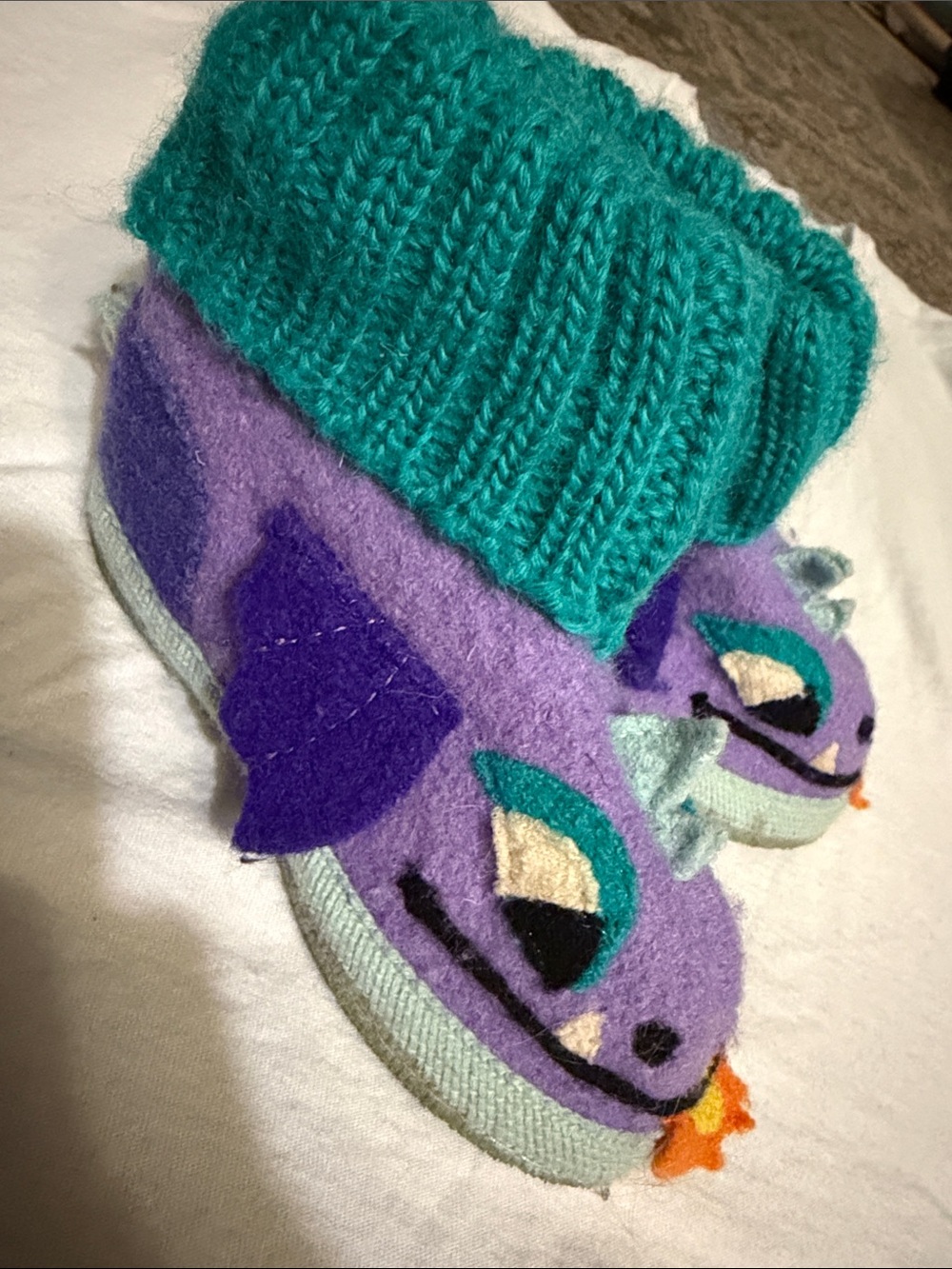 Kids Purple Dragon Slipper Socks with Teal Cuff